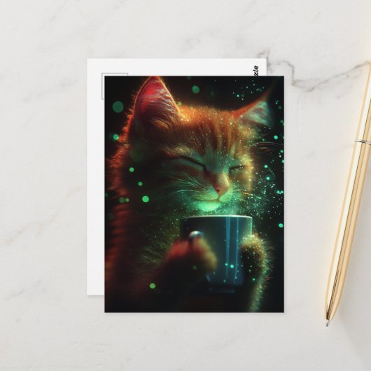 Schattige Kat Geniet Van Wat Koffie Briefkaart (Voorkant / Achterkant in situ)