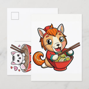 Schattige kat genietend van smakelijke Ramen Noede Feestdagenkaart