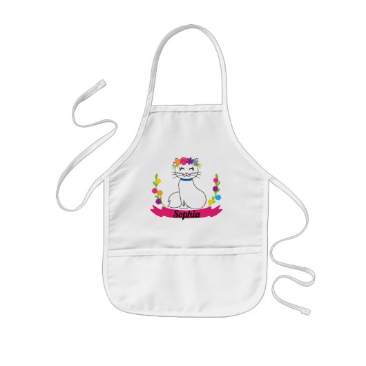 schattige kat gepersonaliseerde naam kinder apron kinder schort (Voorkant)