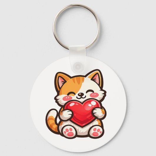 Schattige Kat Hart – Kawaii Kat Knuffelt Rode Hart Sleutelhanger (Voorkant)