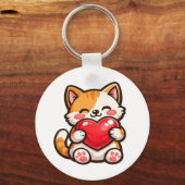 Schattige Kat Hart – Kawaii Kat Knuffelt Rode Hart Sleutelhanger (Voorkant)