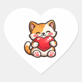 Schattige Kat Hart – Kawaii Kat Knuffelt Rode Hart Sticker
