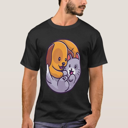 Schattige Kat Hond Yin Yang T-shirt (Voorkant)