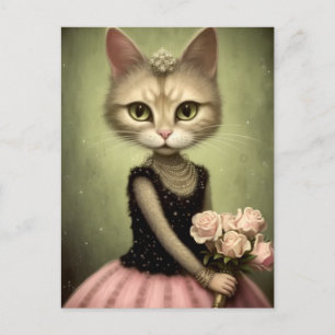 Schattige kat houdt roze rozen vast briefkaart