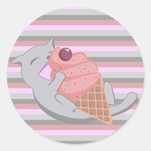 Schattige Kat Ijs Eet Gestreepte Ronde Sticker (Voorkant)