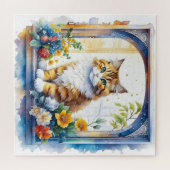 Schattige kat in bloemenraam legpuzzel (Horizontaal)