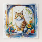 Schattige kat in bloemenraam legpuzzel (Verticaal)