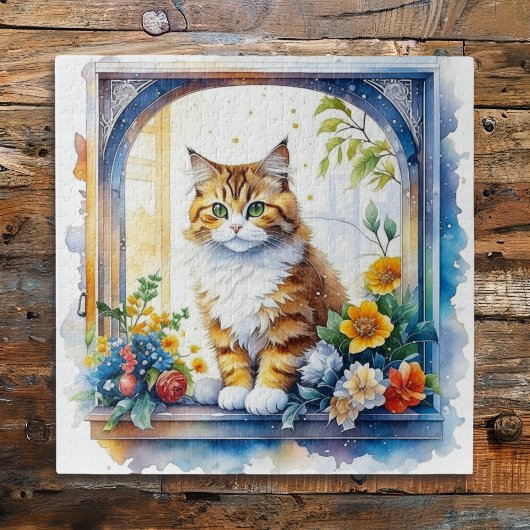 Schattige kat in bloemenraam legpuzzel