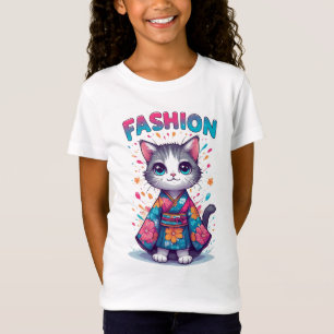 Schattige Kat in Bloemige Kimono Viert Mode T-shirt