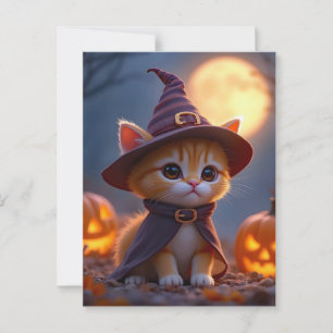 Schattige kat in een heksenkostuum, Halloween Briefkaart