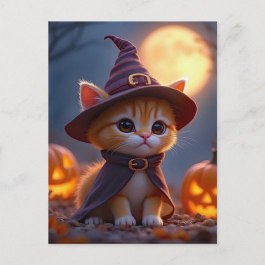 Schattige kat in een heksenkostuum, Halloween Briefkaart (Voorkant)