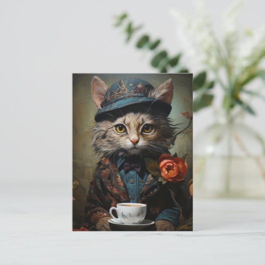 Schattige Kat in een pak met een koffie Briefkaart (Staand voorkant)