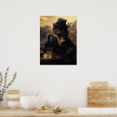 Schattige kat in een pak nipt een Drink in parijs Poster (Keuken)