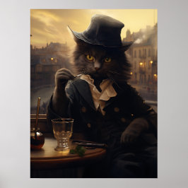 Schattige kat in een pak nipt een Drink in parijs Poster