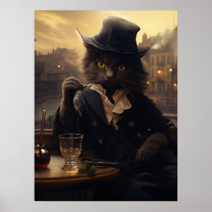 Schattige kat in een pak nipt een Drink in parijs Poster