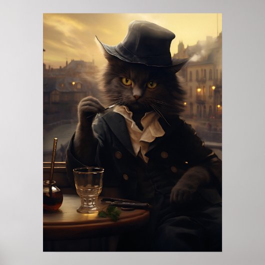 Schattige kat in een pak nipt een Drink in parijs Poster (Voorkant)