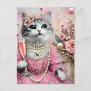 Schattige kat in een roze jurk met parels briefkaart