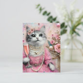 Schattige kat in een roze jurk met parels briefkaart (Staand voorkant)