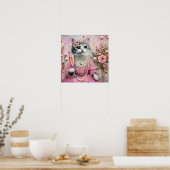 Schattige kat in een roze jurk met parels poster (Keuken)