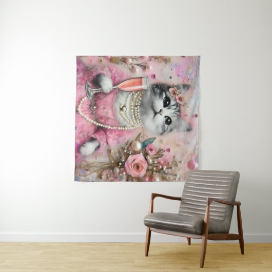 Schattige kat in een roze jurk met parels wandkleed (In Situ (horizontaal))