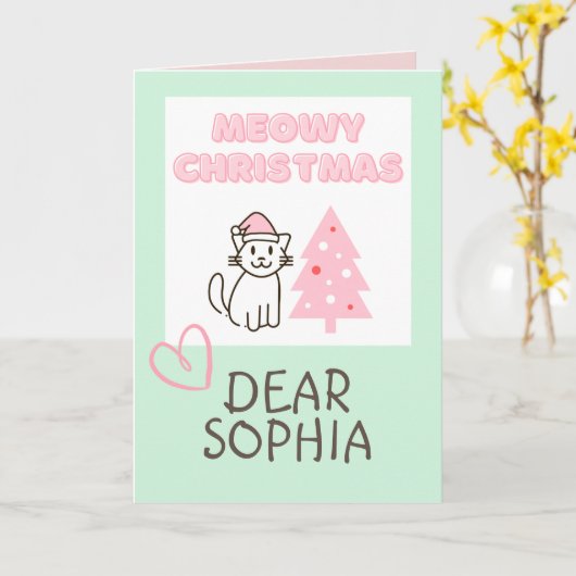 Schattige kat in kerstmuts&boom Kerstmis pastel Kaart (Gele Bloem)