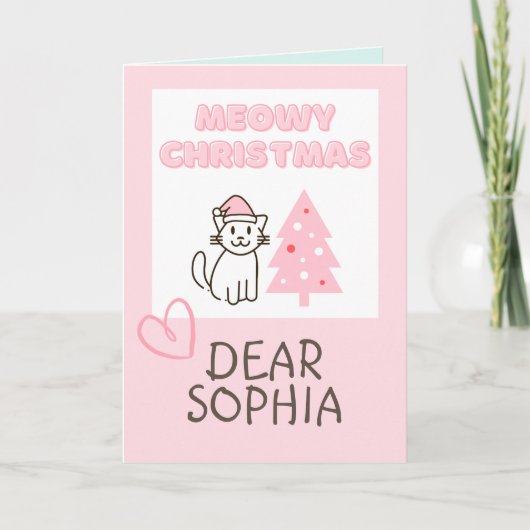 Schattige kat in kerstmuts&boom Kerstmis pastel Kaart (Voorkant)