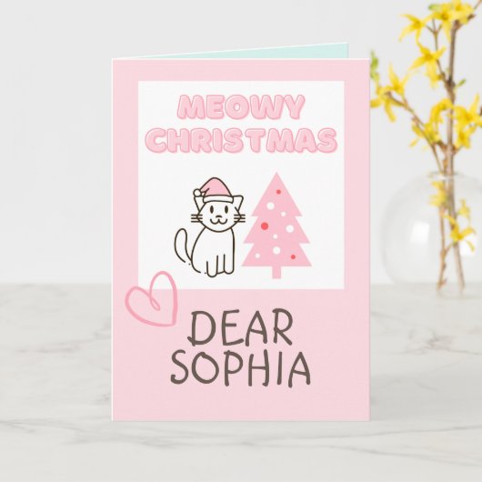 Schattige kat in kerstmuts&boom Kerstmis pastel  Kaart (Gele Bloem)