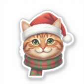 Schattige kat in kerstmuts en gebreide sjaal Kerst Sticker (Voorkant)