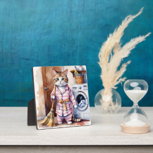 Schattige kat in pyjama die de was doet, grappig fotoplaat