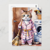 Schattige Kat in Pyjama Doing Wasserij Grappig Briefkaart (Voorkant / Achterkant)