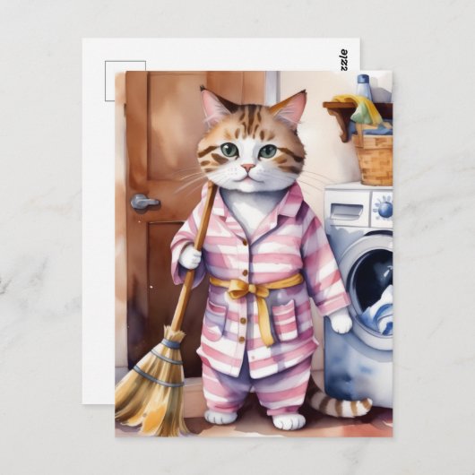 Schattige Kat in Pyjama Doing Wasserij Grappig Briefkaart (Voorkant / Achterkant)