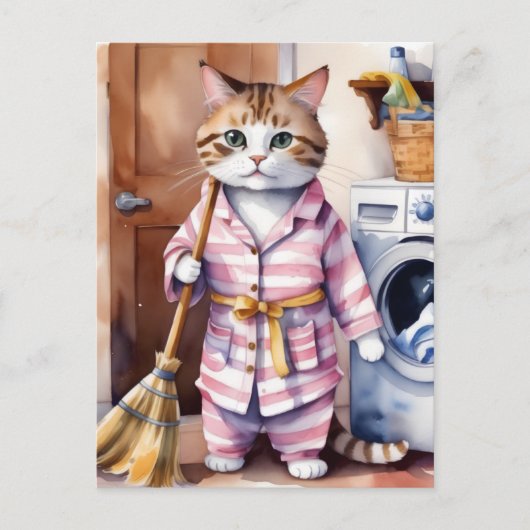 Schattige Kat in Pyjama Doing Wasserij Grappig Briefkaart (Voorkant)