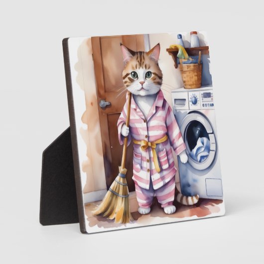 Schattige Kat in Pyjama Doing Wasserij Grappig Fotoplaat (Voorkant)