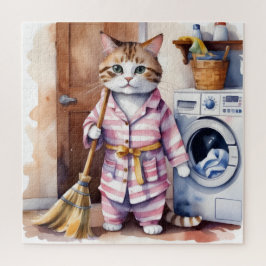 Schattige Kat in Pyjama Doing Wasserij Grappig Legpuzzel