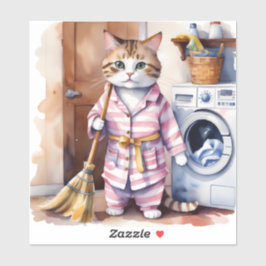 Schattige Kat in Pyjama Doing Wasserij Grappig Sticker