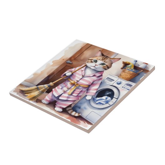 Schattige Kat in Pyjama Doing Wasserij Grappig Tegeltje (Zijkant)