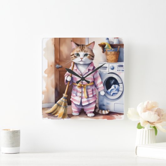 Schattige Kat in Pyjama Doing Wasserij Grappig Vierkante Klok (Huis)
