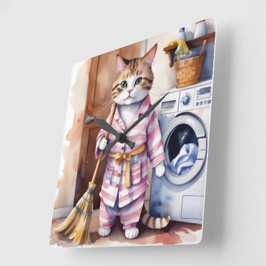 Schattige Kat in Pyjama Doing Wasserij Grappig Vierkante Klok (Hoek)