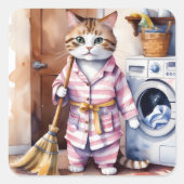 Schattige Kat in Pyjama Doing Wasserij Grappig Vierkante Sticker (Voorkant)