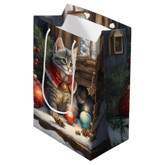 Schattige kat in rode kaap met kerst medium cadeauzakje (Voorkant Gekanteld)