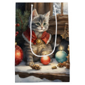 Schattige kat in rode kaap met kerst medium cadeauzakje (Achterkant)