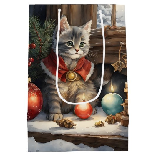 Schattige kat in rode kaap met kerst medium cadeauzakje (Achterkant)