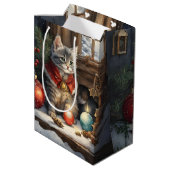 Schattige kat in rode kaap met kerst medium cadeauzakje (Achterkant Gekanteld)