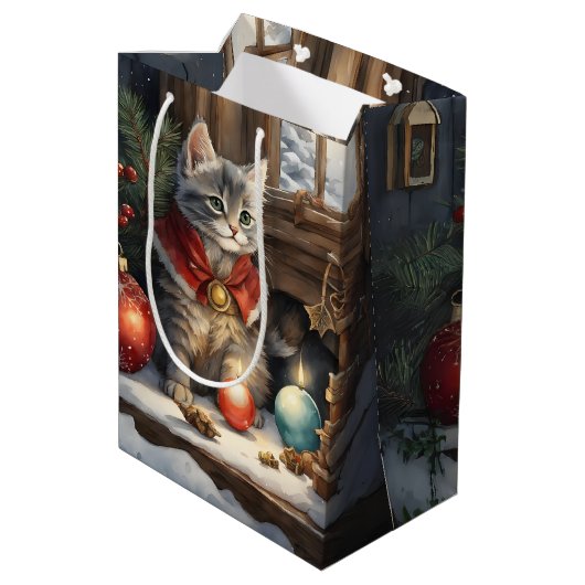 Schattige kat in rode kaap met kerst medium cadeauzakje (Achterkant Gekanteld)