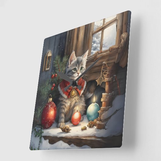 Schattige kat in rode kaap met kerst vierkante klok (Hoek)