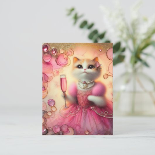 Schattige kat in roze en parels met Drink in de ha Briefkaart (Staand voorkant)