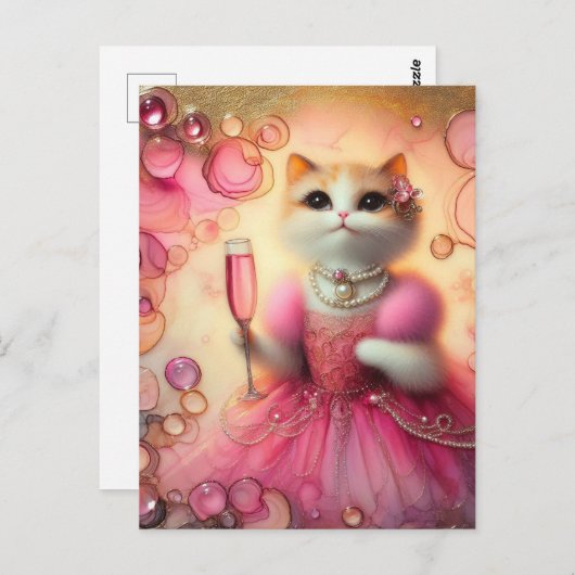 Schattige kat in roze en parels met Drink in de ha Briefkaart (Voorkant / Achterkant)