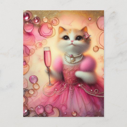 Schattige kat in roze en parels met Drink in de ha Briefkaart (Voorkant)