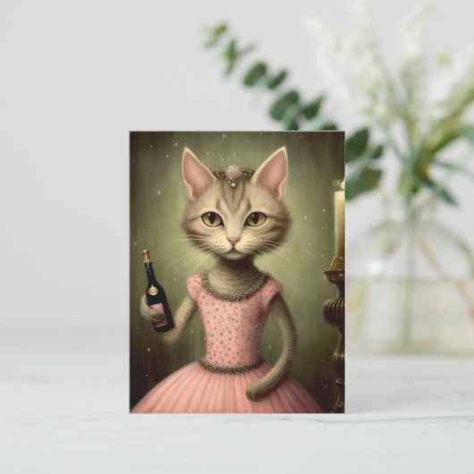 Schattige kat in roze met champagnefles briefkaart (Staand voorkant)