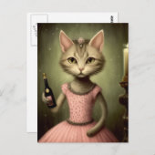 Schattige kat in roze met champagnefles briefkaart (Voorkant / Achterkant)